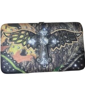Mountain West Camouflage Crystal Cross Wings Studded Wallet Clutch NWT